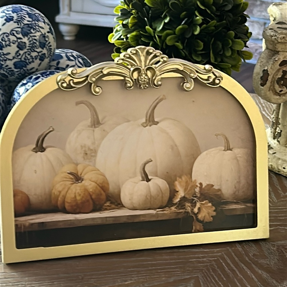 NEW! Vintage Inspired Fall Shabby Chic Ornate Gold Framed Fall Harvest Pumpkin - Picture 3 of 6